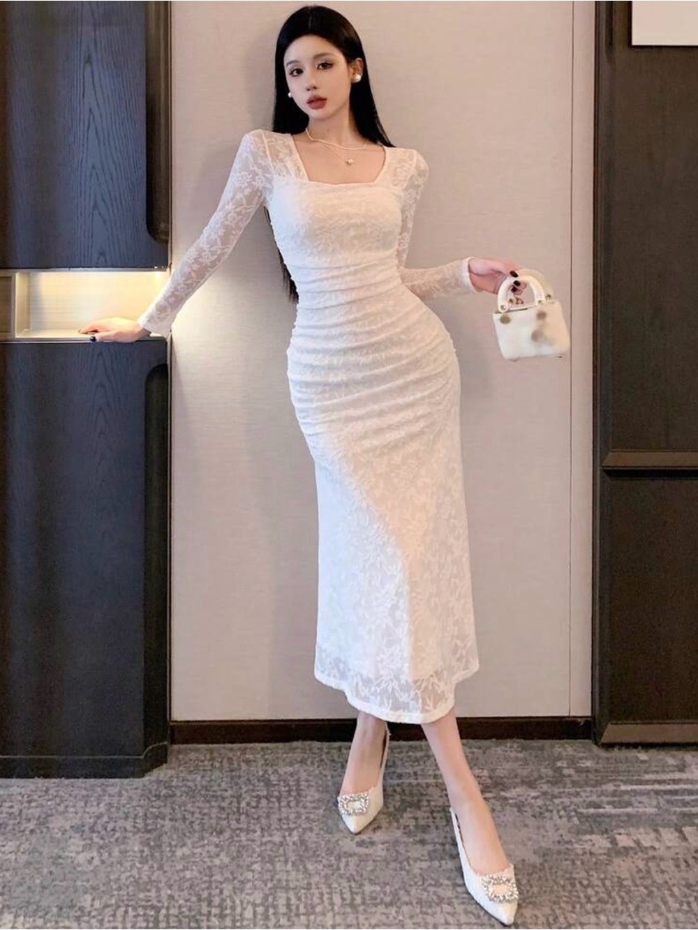 Elegant White Lace Long-Sleeve Ruched Dress